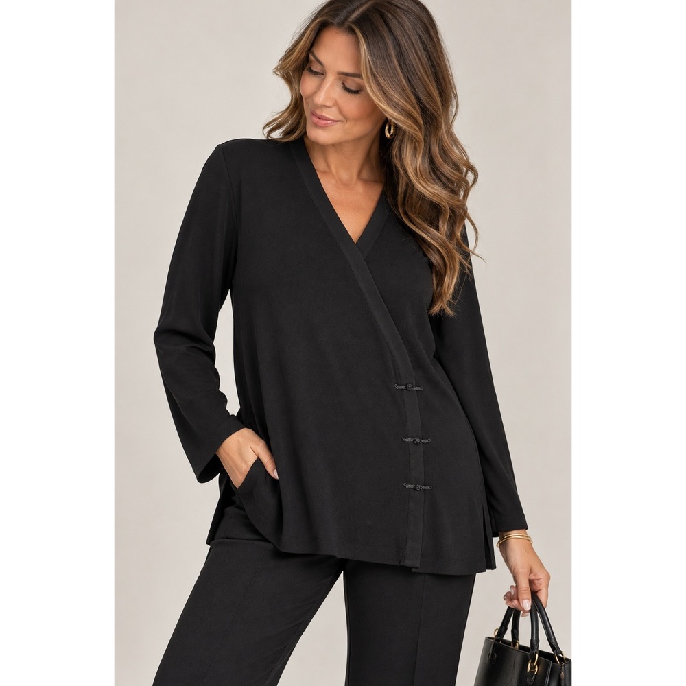 Misook Black Faux Wrap Tunic Top XL Quiet Luxury Minimalist Knit Frog Closure